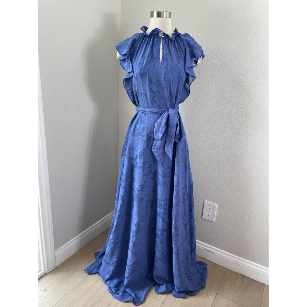 Tahari Arthur S. Levine Womens 2 Periwinkle‎ Floral Long Maxi Dress Ruffle Neck